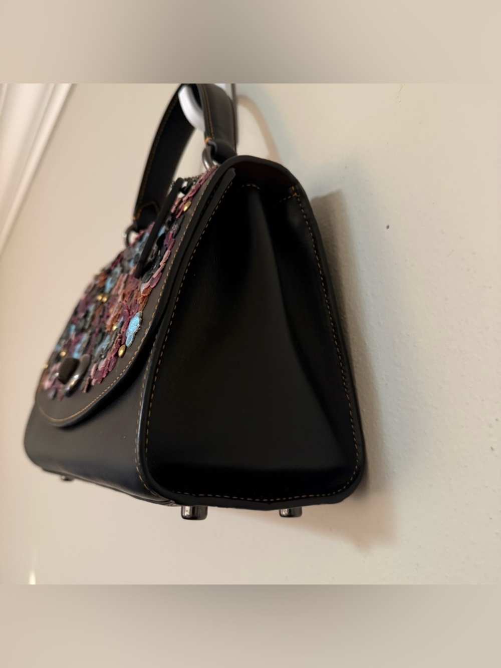 RARE Coach Tilly Top Handle Black Satchel with Colorful Floral Appliqué - F80213 - Picture 4 of 11